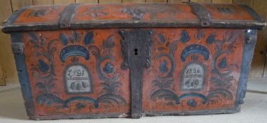 An early 19th Century Continental painted and iron bound dome top trunk with all-over floral and