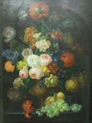 IN THE MANNER OF 17TH CENTURY DUTCH SCHOOL "Flowers in a vase on a stone ledge" still life study,