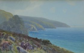 H W HICKS "Coastal scene" study looking out to sea from cliffs, watercolour,