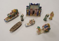 A collection of various Chinese items to include two boxes of pottery miniature village model