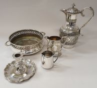 A box of assorted plated wares to include a three piece tea set