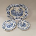 A pair of circa 1840 Staffordshire pottery blue and white "Morea" pattern stone china meatplates