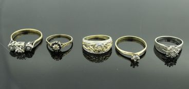 A collection of five various gold and diamond/stone set ring various carats and sizes 14.