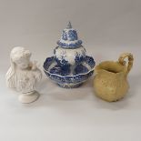 Three various pottery relief work jugs, a lustre ware teapot,