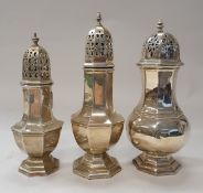 A George V silver sugar caster of octagonal baluster form, raised on stepped base (by Adie Brothers,