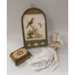 A box of various sundry items to include four china headed dolls,