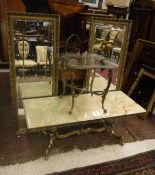 A coffee table with onyx top and brass base together with a similar glass topped occassional table,