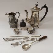A box of assorted plated wares to include a four piece tea set with engraved floral and scrolling