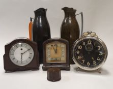 Two bakelite cased Smith's Electric mantel clocks, a bakelite pill box,