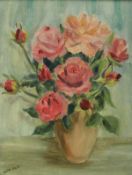 EDITH MILLS "June Roses", still life of roses in a vase, oil on board,