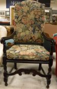 An early 20th Century hall chair in the 17th Century manner with upholstered back and cushion,