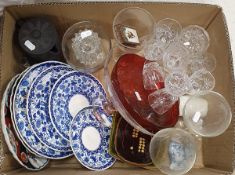 A box containing assorted china and glassware to include Crown Derby blue and white plates,