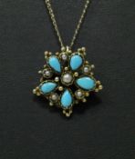 A Victorian 9 carat gold pendant set with turquoise and seed pearl housed on a 9 carat gold pendant