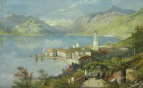 A E FLEMMING "Mediterranean Landscape with Town on Shore of a Lake and Figures on a Path in