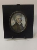 18TH CENTURY ENGLISH SCHOOL "Gentleman in Brown Coat and Grey Wig", portrait miniature on ivory,