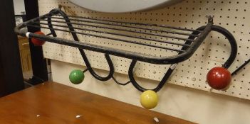 A 1960s retro/vintage atomic/sputnik hat and coat rack with railed shelf and four painted ball