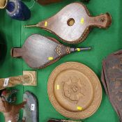 A pair of brass studded leather bound bellows with brass nozzle stamped JW to underside,