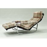 A circa 1970 "Condor" chrome framed and upholstered rocking armchair with replacement fawn,