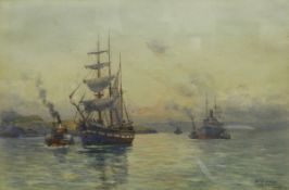 A MARTIN "Tale of the Bank", study of various sailing vessels at sunset, watercolour,