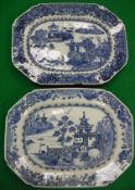 A 19th Century Chinese blue and white elongated octagonal dish decorated with waterside landscape