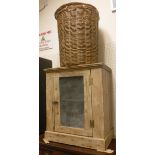 A pine meat safe together with two cane baskets with lids