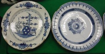 An 18th Century Dutch Delft ware charger decorated with a harbour entrance scene with sailing