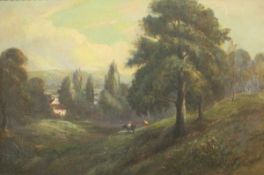 CHARLES PAGE "Cows Grazing" landscape depicting two cows grazing in a field with dwelling and trees