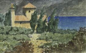 JAMES GRANT "Continental Lake Landscape with Building", watercolour, signed in pencil lower left,