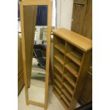A modern beech framed easel type cheval mirror and a modern oak open shelf unit/key/letter rack