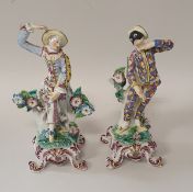 A pair of Bow figures of Harlequin and Columbine on scroll foot bases,
