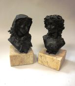 A pair of late 19th Century Continental chocolate patinated bronze busts of women emblematic of