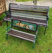 A modern painted metal and wooden slatted garden bench,