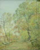 ROBERT B WILSON "Woman Seated Near Woodland Path", oil on panel, signed lower left,