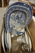 A box of miscellaneous china and glass wares to include blue and white wares,