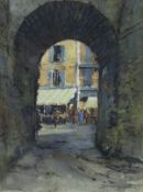 DAVID MYNETT "Spoleto" view of a street scene through an arch, mixed media,