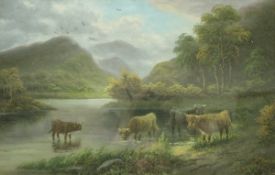 EARLY 19TH CENTURY ENGLISH SCHOOL "Cattle Watering", oil on canvas,