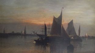 WILLIAM ANSLOW THORNLEY "Fishing Boats at Sunset with Town in Background", oil on canvas,