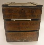 A wooden egg box inscribed "Somerset Poultry Marketing Association Ltd, Eddington, Bridgewater,