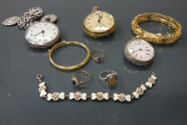 A collection of various watches, enamelled bracelet, rings, etc,