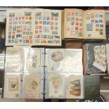 A box containing various stamps together with a box of books to include "A day in fairy land",