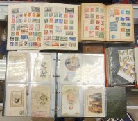 A box containing various stamps together with a box of books to include "A day in fairy land",