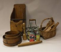 A collection of various kitchenalia including an iron bound pine rice scoop,