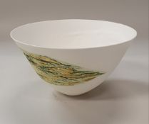 ANGELA MELLOR - a bone china bowl with green glazed and gold leaf decoration on incised pattern,