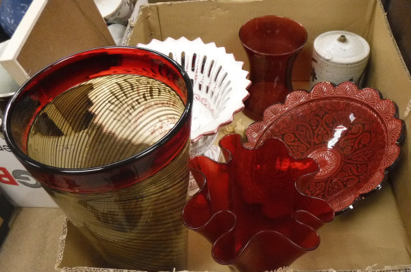 A box containing various studio glass vases, pottery etc.