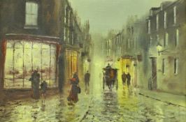JOHN BAMPFIELD "Victorian Street Scene at Night with Carriage and Figures", acrylic on canvas,