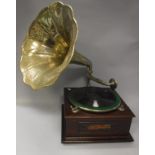 A mahogany cased gramophone with transfer label "Success High Grade" with embossed brass horn,