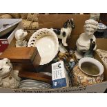 Two boxes of sundry china and ornamental wares to include capo-di-monte style figure group,