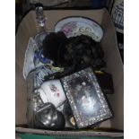 A box of various china wares and glass wares, plated water jug, glass decanter,