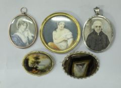 Three 19th Century miniatures, one of a girl with pearl and lace headdress,