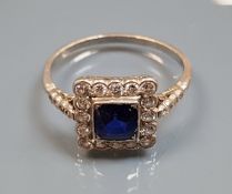 A sapphire and diamond set ring of square form, ring size Q, total weight 3.